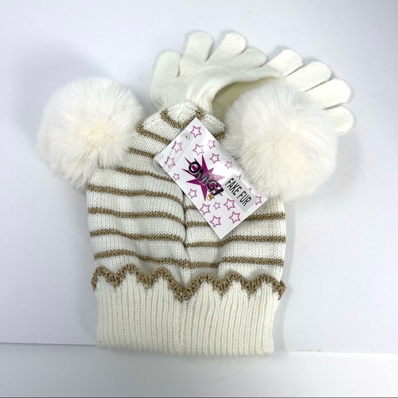 OMG Pom Pom beanie stiped faux fur with gloves - Picture 1 of 6